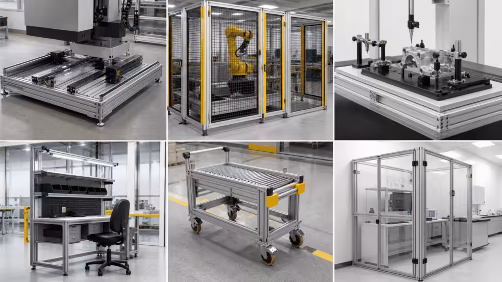T-slot aluminum systems used in machine frames, safety guards, fixtures, workstations, and carts