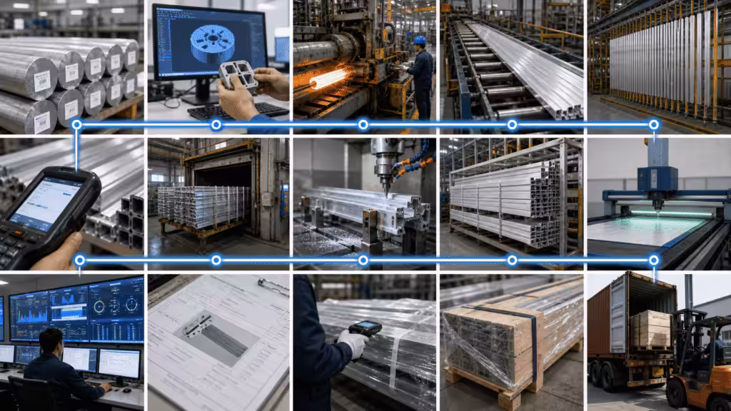 Traceable aluminum profile production workflow with MES quality monitoring.