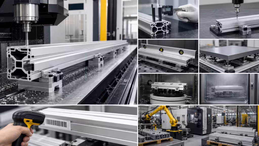 CNC machining, dimensional inspection, environmental testing, and traceability for custom aluminum profiles.