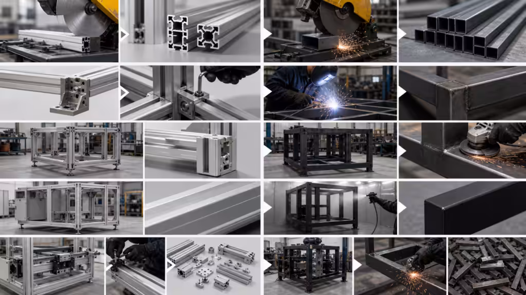 T-slot aluminum machine framing compared with welded steel across manufacturing and modification stages.
