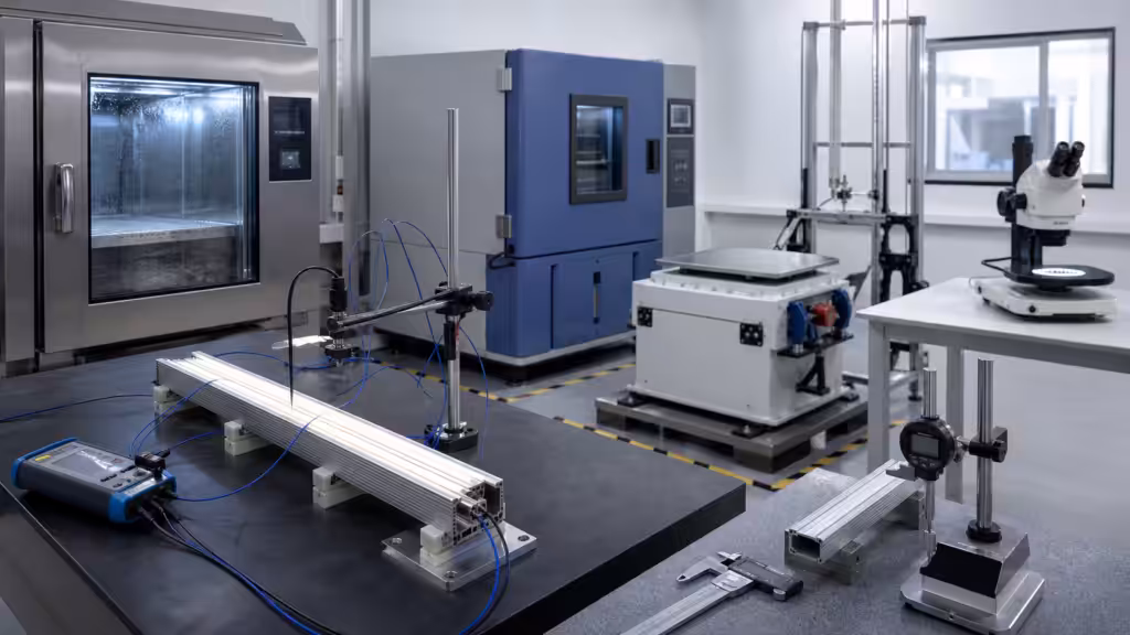 LED aluminium profile undergoing thermal, humidity, vibration, optical, and dimensional validation