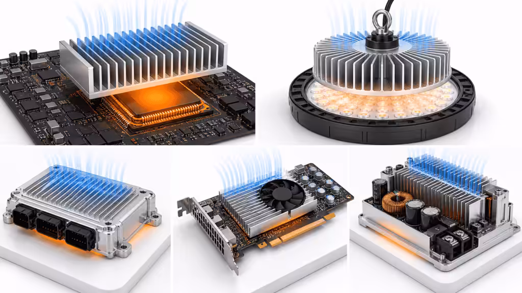 Aluminum heatsink applications in BGA chips, LED lighting, automotive ECU, PCIe cards, and power electronics