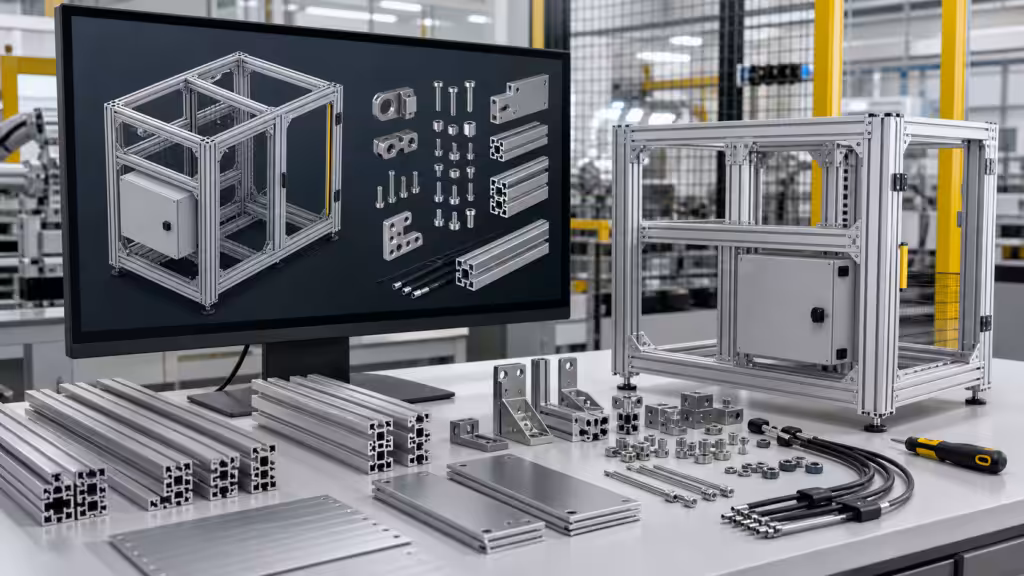 CAD modeling, connector planning, cut profiles, and first assembly for T-slot aluminum framing.