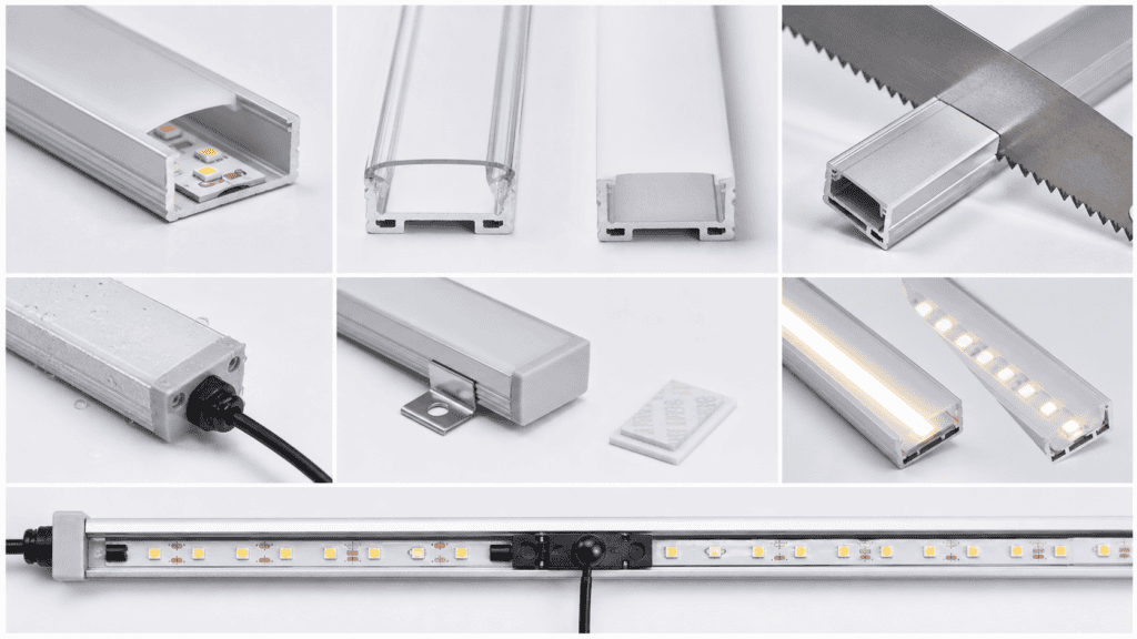 LED aluminium profile samples demonstrating strip fit, diffuser options, sealing, mounting, and temperature testing