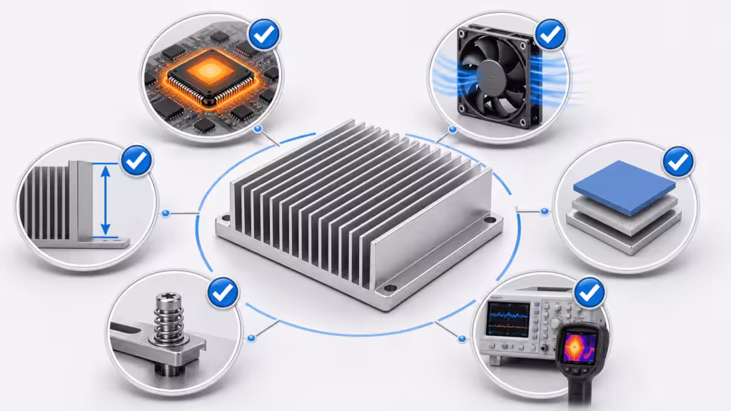 Aluminum heatsink selection checklist for engineers covering wattage, airflow, height, TIM, mounting, and testing
