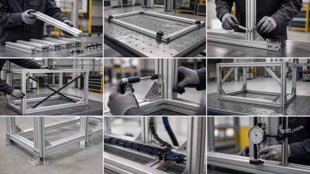 Professional T-slot aluminum frame assembly from incoming inspection through final alignment testing.
