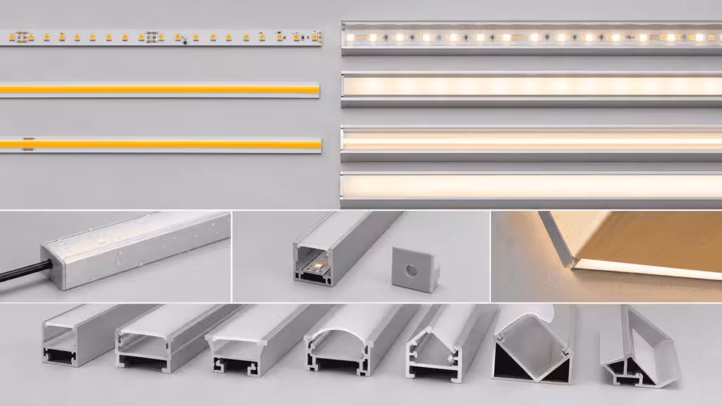 LED aluminum profile comparison showing strips, diffusers, sealing, cuts, and profile types