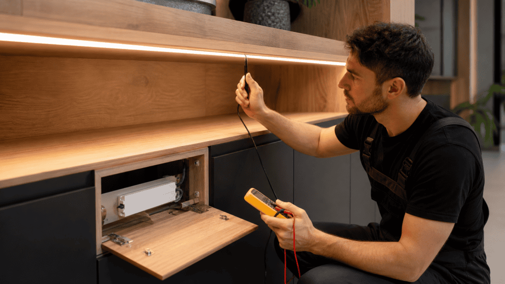 Installer checking light continuity, diffuser alignment, voltage, temperature, and driver access after installation