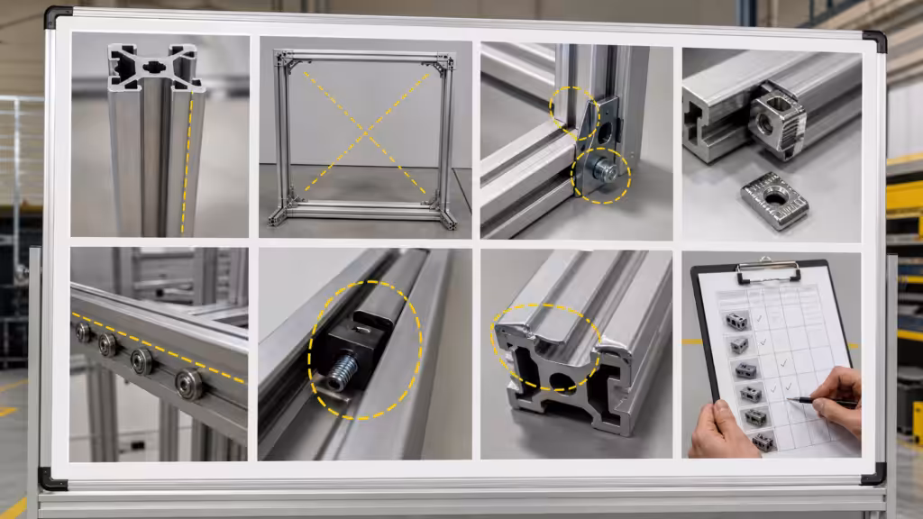 Common T-slot aluminum frame mistakes involving orientation, bracing, connectors, rails, and inspection.