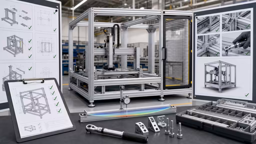 Final engineering validation of a complete T-slot aluminum machine frame and safety enclosure.
