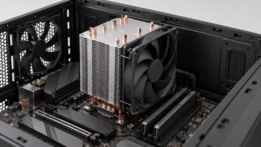 Concept illustration comparing a tower air cooler with an AIO radiator, two fans, pump block and tubes.