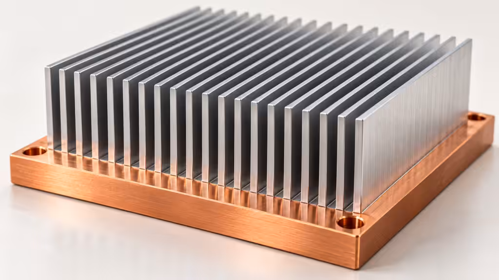 Concept illustration of an aluminum extrusion profile and a machined finned component with mounting features.