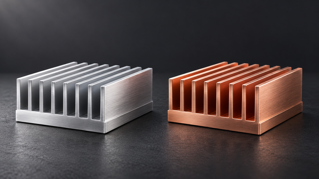 Concept illustration of an aluminum fin stack joined to a visible copper heat-spreading base.