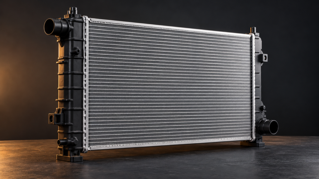 Automotive radiator with an aluminum core and composite side tanks in a studio setting