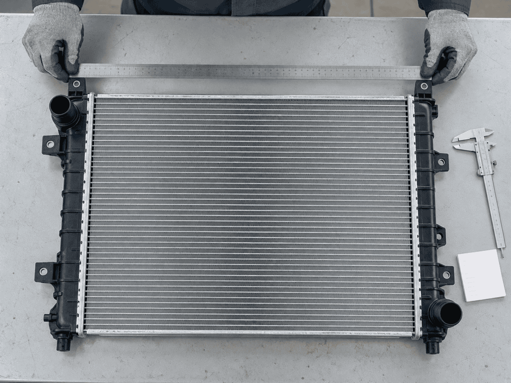 Overhead view of a radiator on an inspection bench with a straightedge across its mounting locations