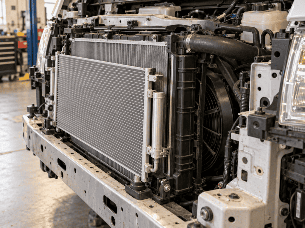Radiator, condenser and fan shroud installed in the exposed front cooling module of a generic vehicle