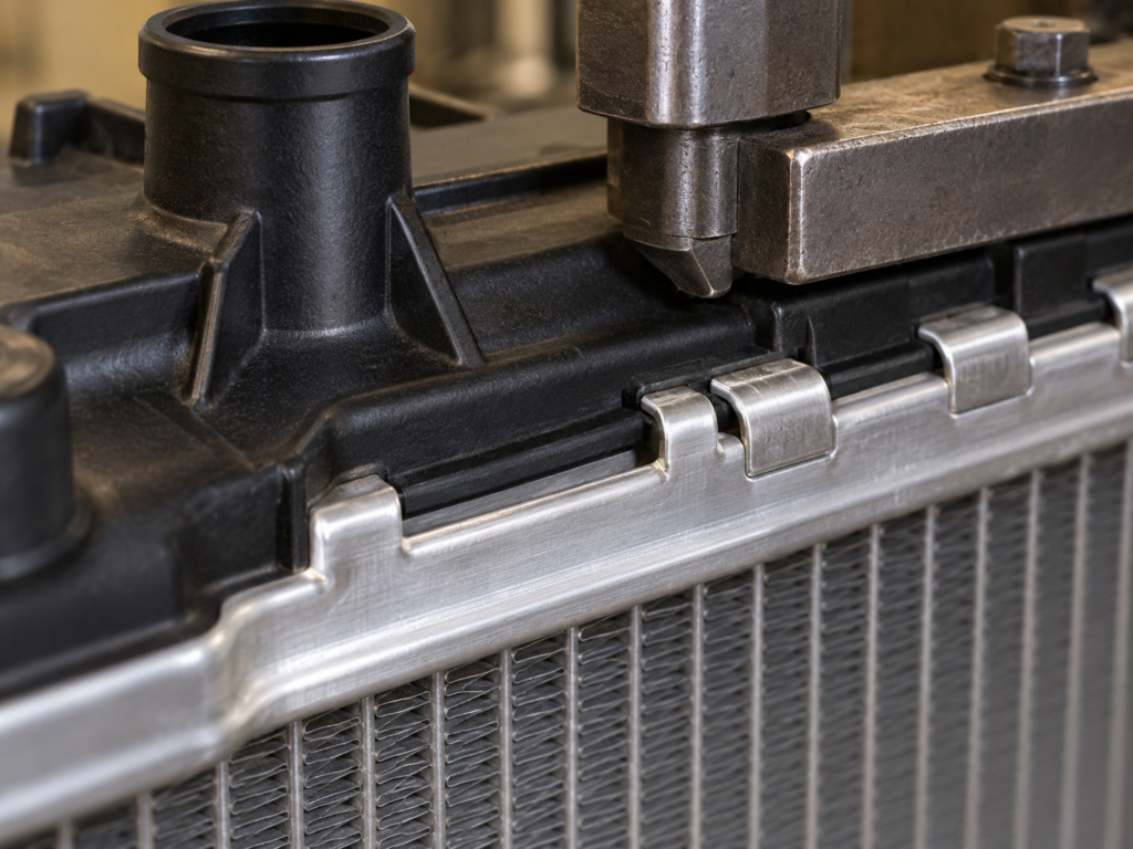 Close-up of a composite radiator tank joined to an aluminum header with crimp tabs