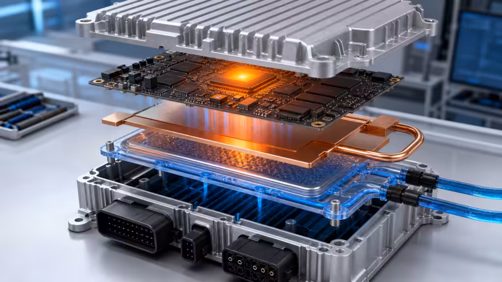 ADAS domain controller cooling with SoC hot spot heat pipe vapor chamber and liquid cold plate layers
