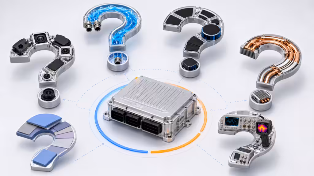 ADAS thermal management FAQ visual with sensors coolant loop TIM heat pipe and testing equipment
