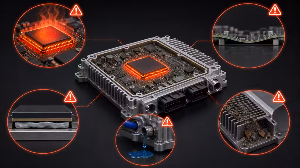 Common ADAS thermal design mistakes including overheated SoC warped PCB blocked airflow and coolant leak risk