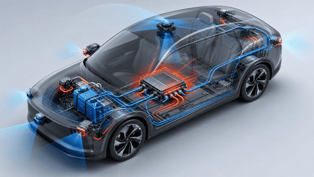 ADAS thermal management system overview with cameras, radar, LiDAR, and domain controller cooling paths