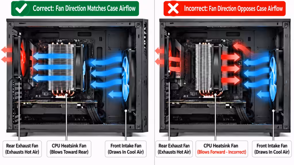 Correct CPU heatsink fan airflow direction