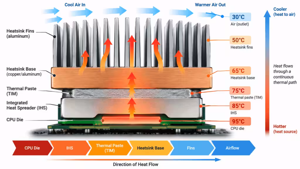CPU heat transfer path through thermal paste and heatsink