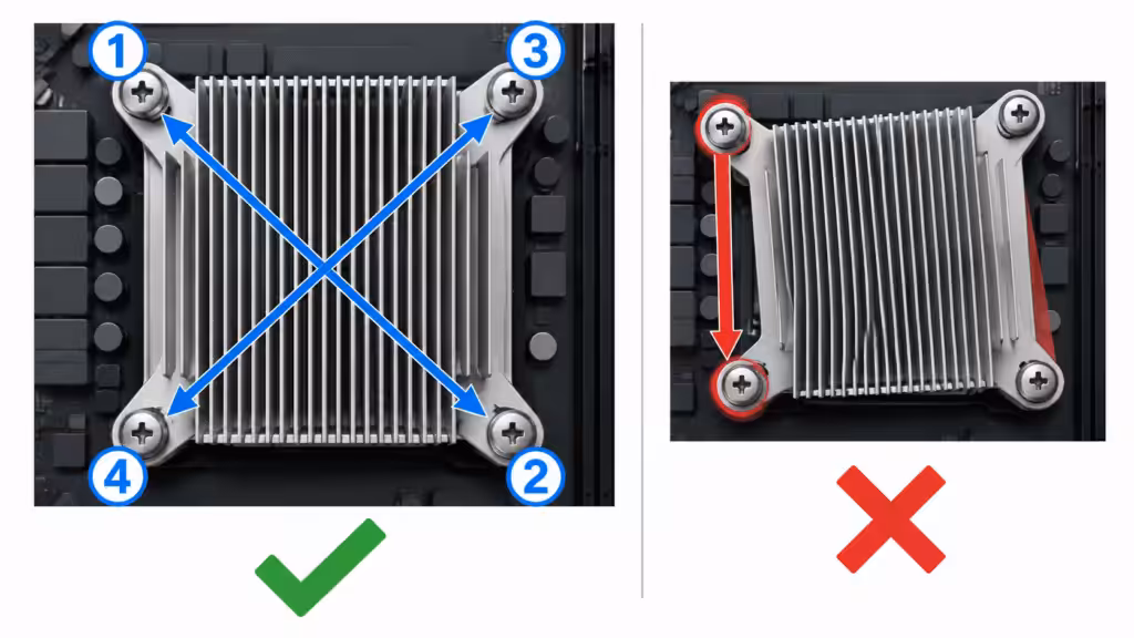 CPU heatsink diagonal screw tightening pattern