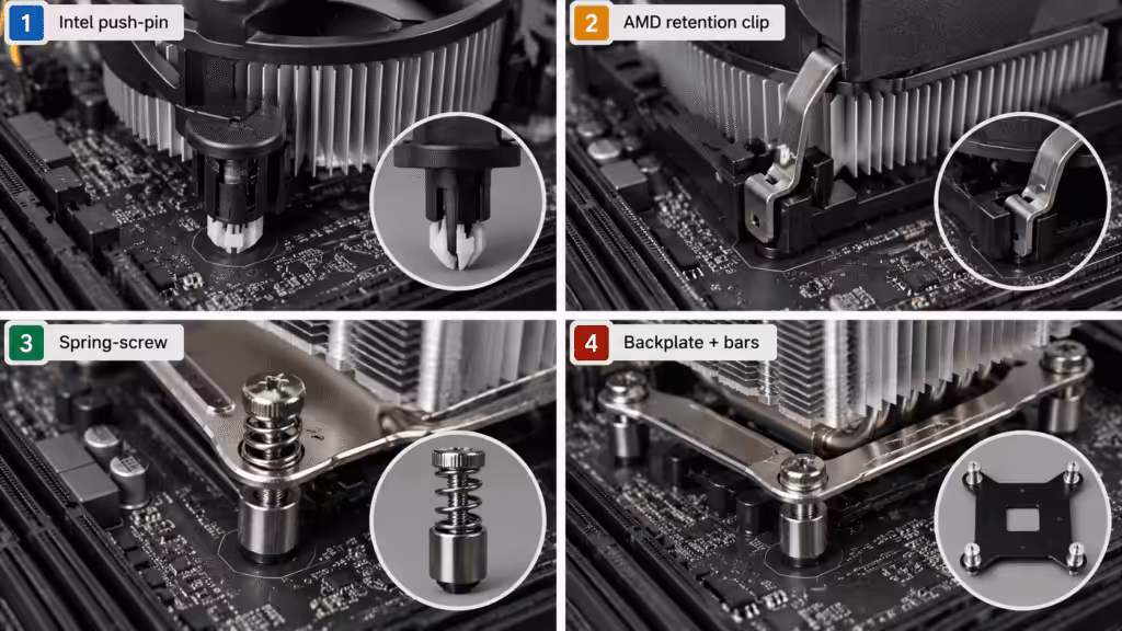 CPU heatsink mounting types push pin clip spring screw backplate