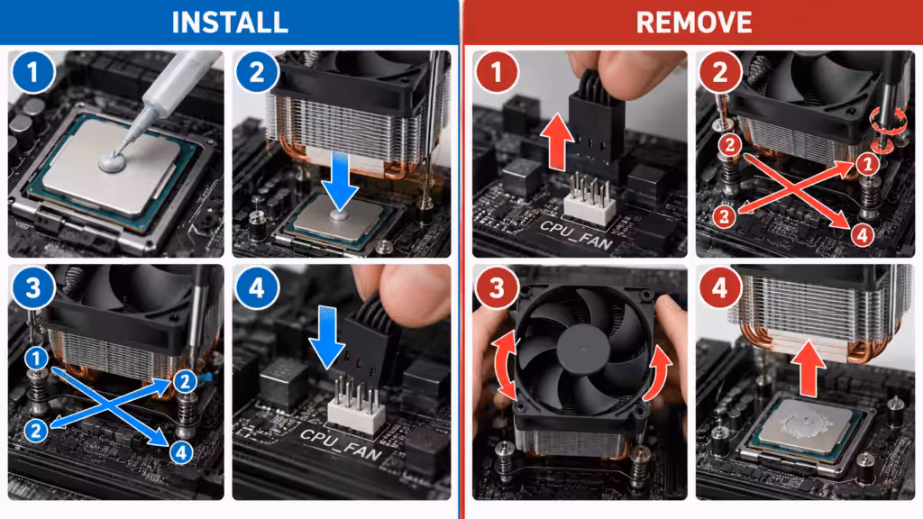 CPU heatsink installation and removal steps
