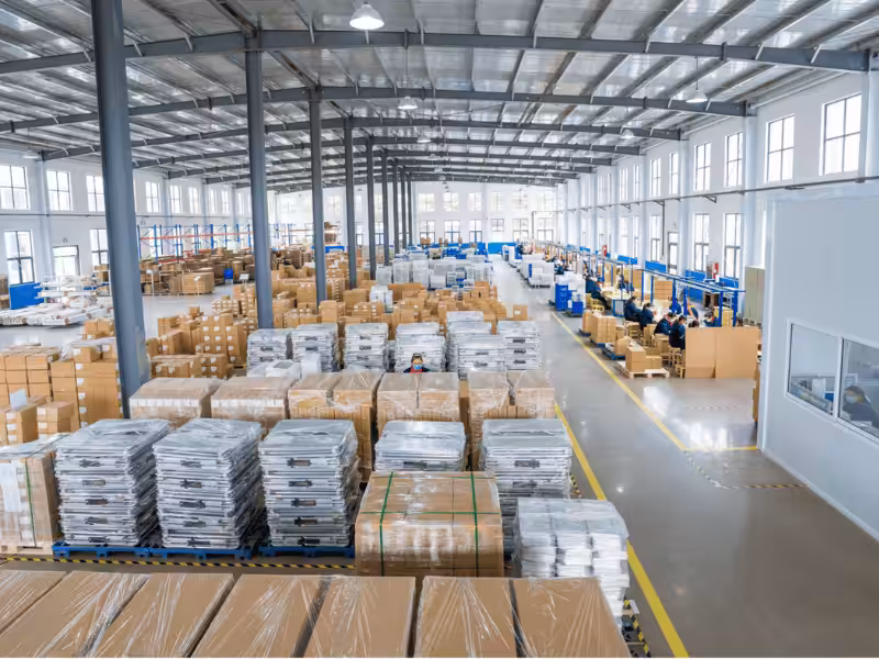 A large, organized industrial warehouse filled with stacked cardboard boxes and pallets of finished products.