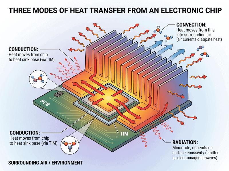 A 3D diagram illustrating the three modes of heat transfer—conduction, convection, and radiation—from an electronic chip. It shows heat moving from a chip on a PCB, through a Thermal Interface Material (TIM), into a finned heat sink, and ultimately dispersing into the surrounding air.