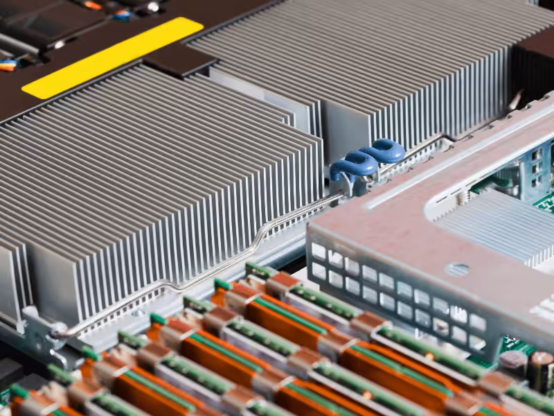 Large-scale aluminum fin arrays installed in an electronic enclosure.