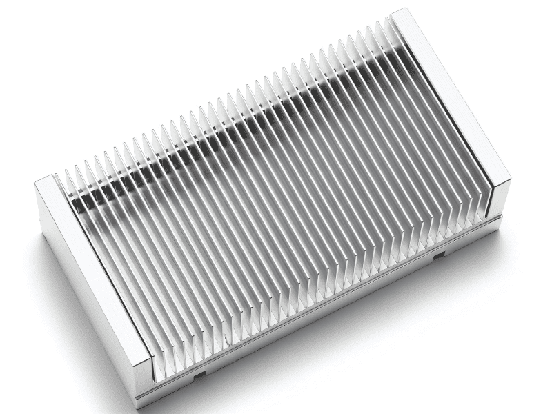 A high-density silver skived fin aluminum heat sink.